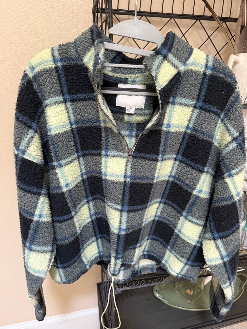 American Eagle Outfitters Plaid Sherpa Utility Jacket - Black & Pale Yellow